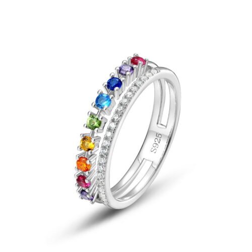 Round Rainbow Cubic Zirconia Double Band Ring