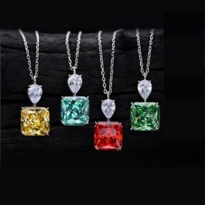 925 Sterling Silver Princess Cut Colored CZ Necklace