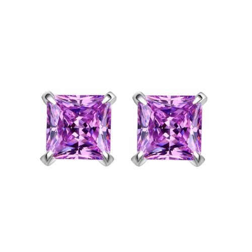 925 Sterling Silver Princess Cut Purple Zirconia Stud Earrings