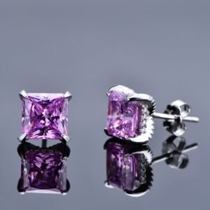 925 Sterling Silver Princess Cut Purple Zirconia Stud Earrings