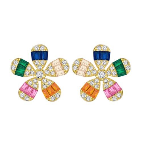 Baguette Flower Rainbow Cubic Zirconia Stud Earrings