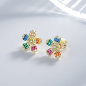 Baguette Flower Rainbow Cubic Zirconia Stud Earrings