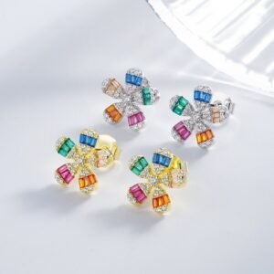 Baguette Flower Rainbow Cubic Zirconia Stud Earrings