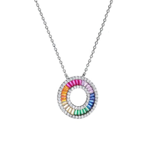 Baguette Rainbow CZ Circle Pendant S925 Necklace