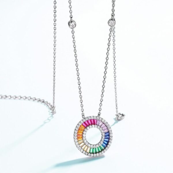 Baguette Rainbow CZ Circle Pendant S925 Necklace