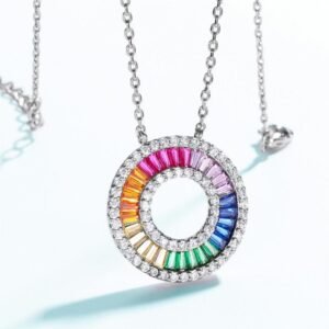 Baguette Rainbow CZ Circle Pendant S925 Necklace