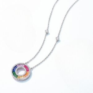 Baguette Rainbow CZ Circle Pendant S925 Necklace