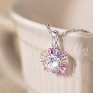 Classic Rainbow Cubic Zirconia Halo Necklace