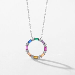 Emerald Cut Rainbow Cubic Zirconia Circle Necklace