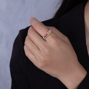 Emerald Cut Rainbow Cubic Zirconia Cross Design Ring