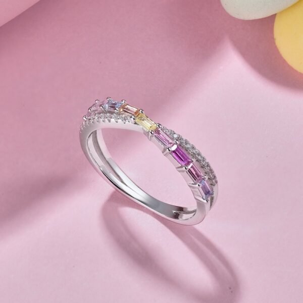 Emerald Cut Rainbow Cubic Zirconia Crossover Ring