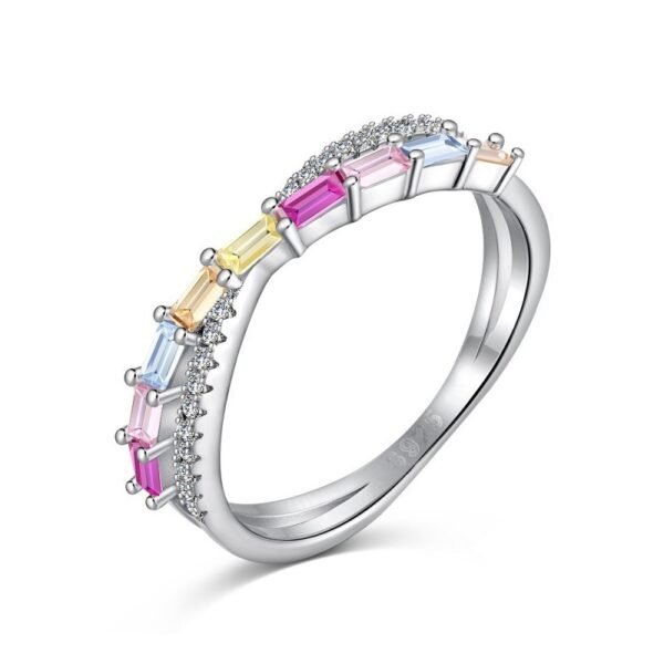 Emerald Cut Rainbow Cubic Zirconia Crossover Ring