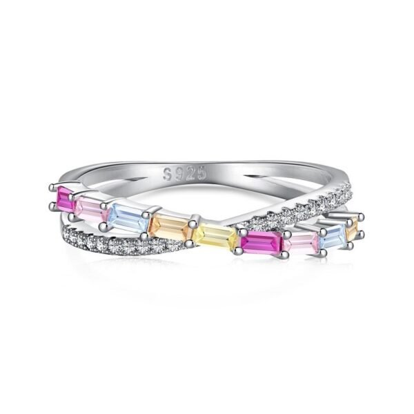 Emerald Cut Rainbow Cubic Zirconia Crossover Ring