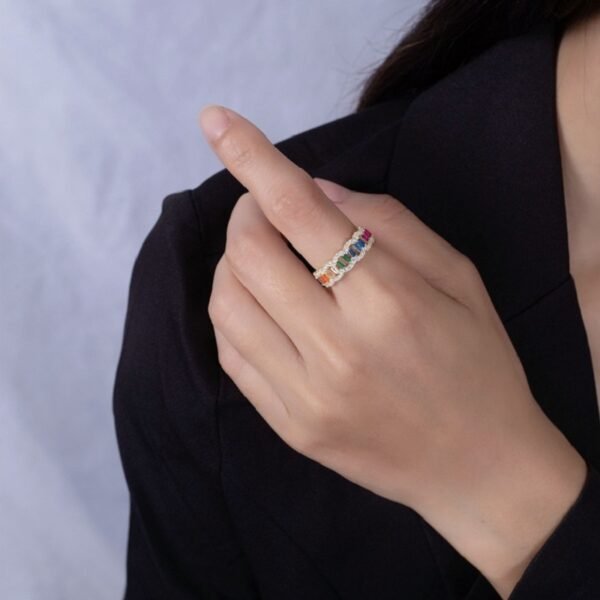 Emerald Cut Rainbow Cubic Zirconia Curved Ring