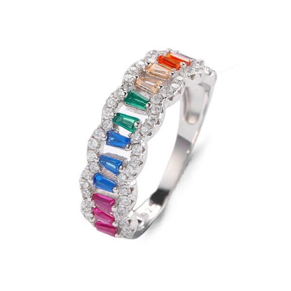 Emerald Cut Rainbow Cubic Zirconia Curved Ring