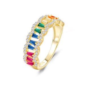 Emerald Cut Rainbow Cubic Zirconia Curved Ring