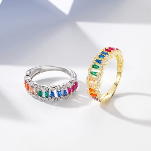 Emerald Cut Rainbow Cubic Zirconia Curved Ring