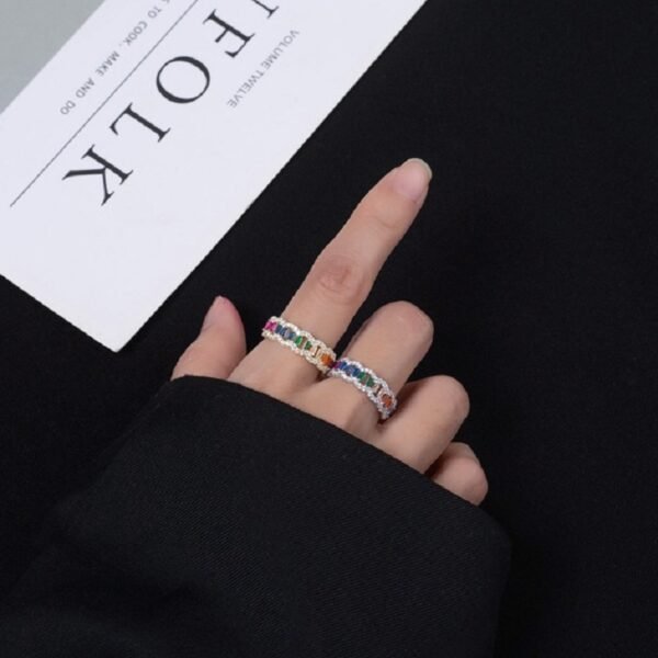 Emerald Cut Rainbow Cubic Zirconia Curved Ring