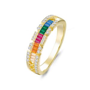 Emerald Cut Rainbow Cubic Zirconia Grid Hollow Band