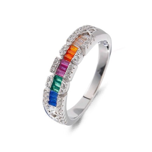 Emerald Cut Rainbow Cubic Zirconia Grid Hollow Band