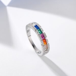 Emerald Cut Rainbow Cubic Zirconia Grid Hollow Band