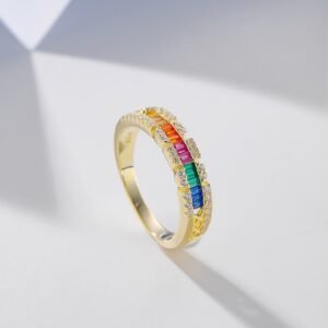 Emerald Cut Rainbow Cubic Zirconia Grid Hollow Band