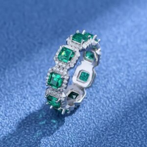 Emerald Cut Rainbow Cubic Zirconia Halo Bezel Ring