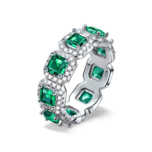 Emerald Cut Rainbow Cubic Zirconia Halo Bezel Ring