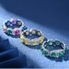 Emerald Cut Rainbow Cubic Zirconia Halo Bezel Ring