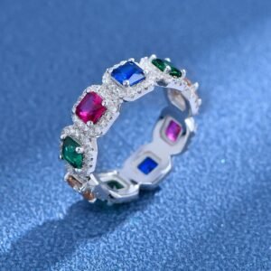 Emerald Cut Rainbow Cubic Zirconia Halo Bezel Ring