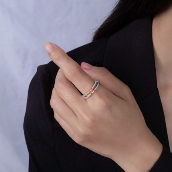Emerald Cut Rainbow Cubic Zirconia Halo Ring
