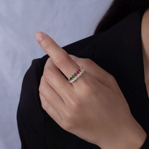 Emerald Cut Rainbow Cubic Zirconia Layer Ring