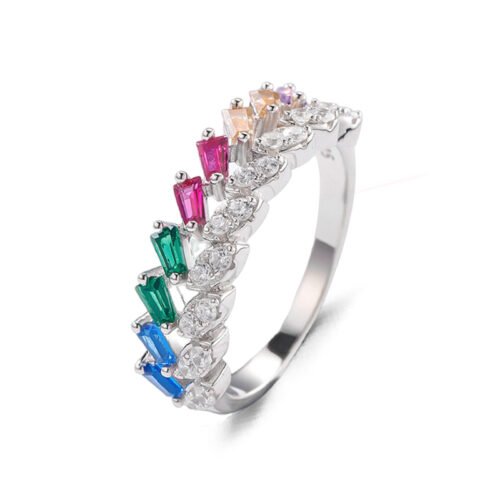 Emerald Cut Rainbow Cubic Zirconia Layer Ring