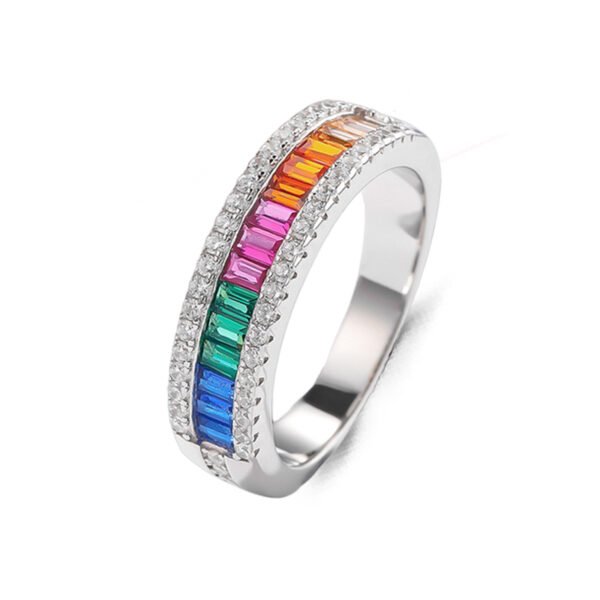 Emerald Cut Rainbow Cubic Zirconia Pave Channel Ring