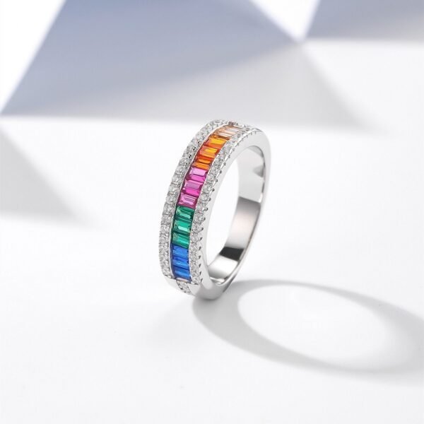 Emerald Cut Rainbow Cubic Zirconia Pave Channel Ring