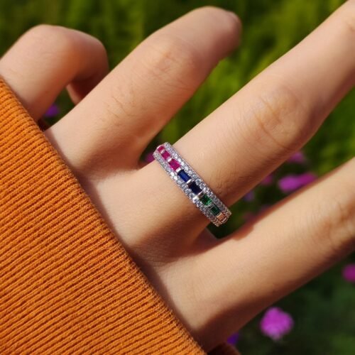 Emerald Cut Rainbow Cubic Zirconia Pave Ring