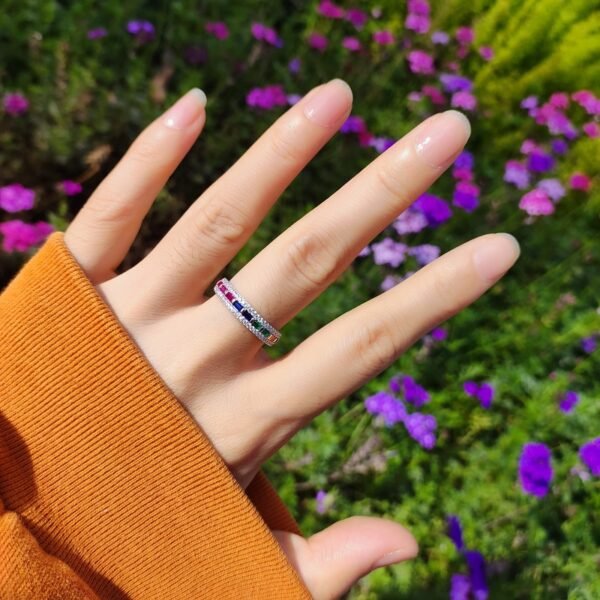 Emerald Cut Rainbow Cubic Zirconia Pave Ring