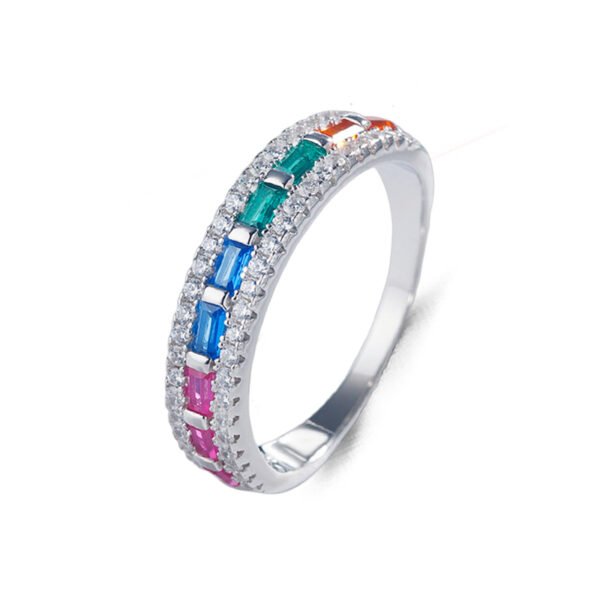 Emerald Cut Rainbow Cubic Zirconia Pave Ring