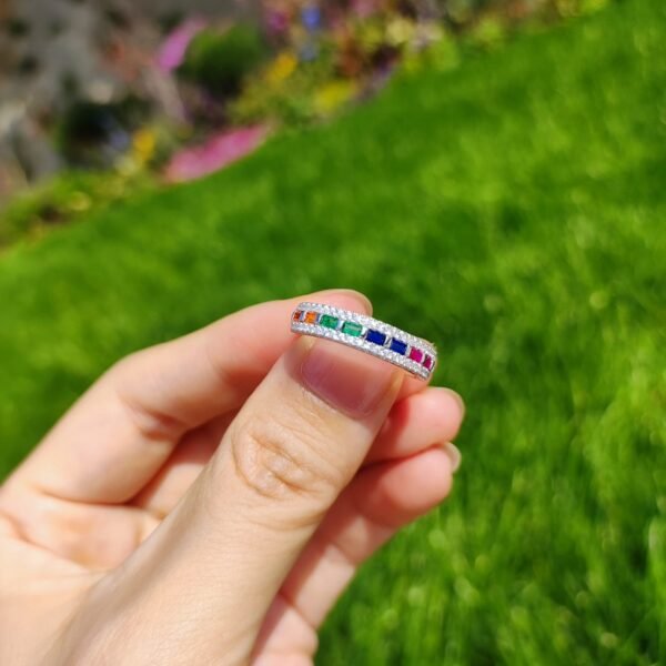 Emerald Cut Rainbow Cubic Zirconia Pave Ring