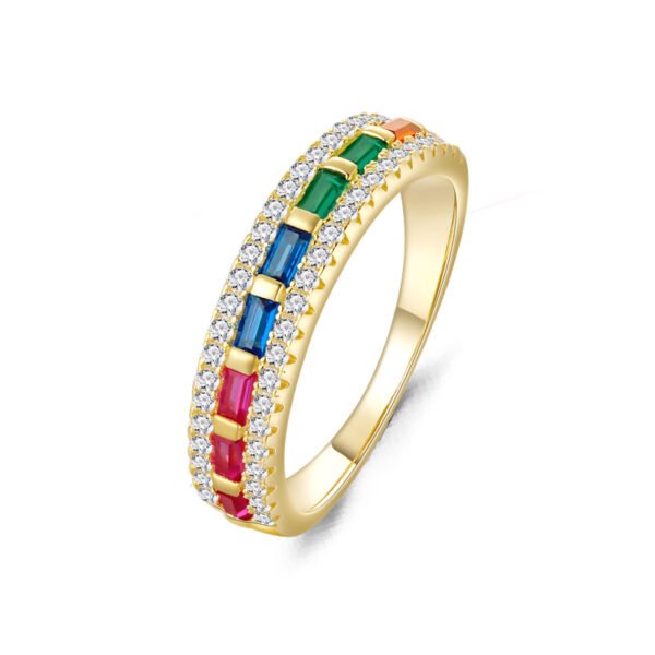 Emerald Cut Rainbow Cubic Zirconia Pave Ring