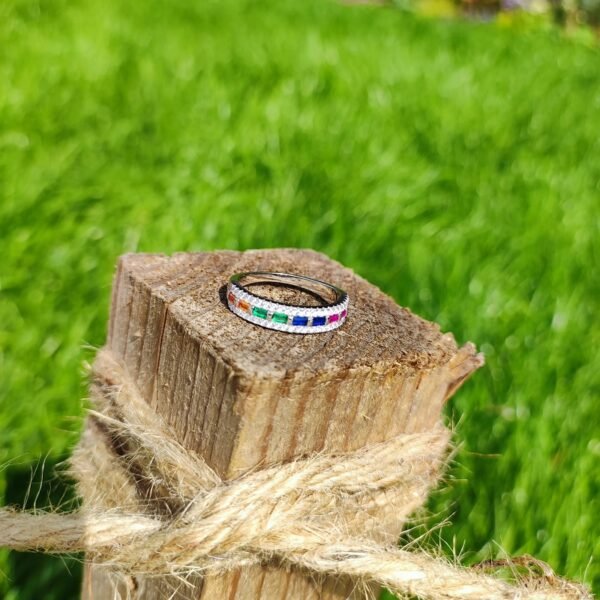 Emerald Cut Rainbow Cubic Zirconia Pave Ring