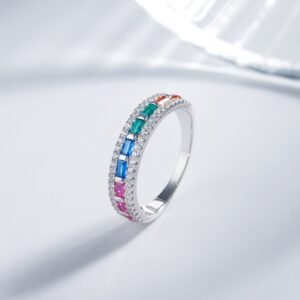 Emerald Cut Rainbow Cubic Zirconia Pave Ring