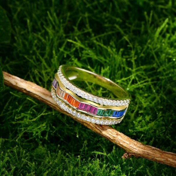 Emerald Cut Rainbow Cubic Zirconia Twist Ring