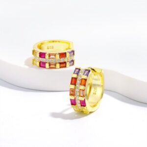 Emerald Cut Round Rainbow Layer Hoop Earrings