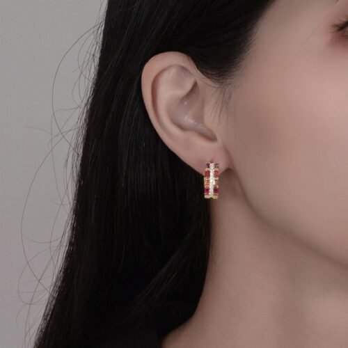 Emerald Cut Round Rainbow Layer Hoop Earrings