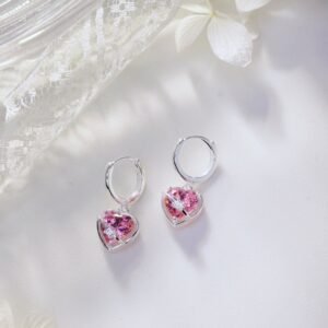 Fashion Pink Heart Shaped CZ S925 Drop Earrings