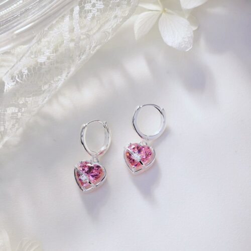 Fashion Pink Heart Shaped CZ S925 Drop Earrings