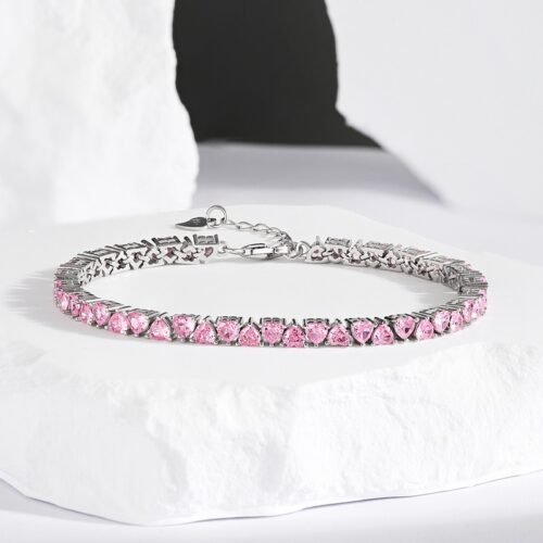 Fashion Pink Heart Zirconia S925 Silver Tennis Bracelet