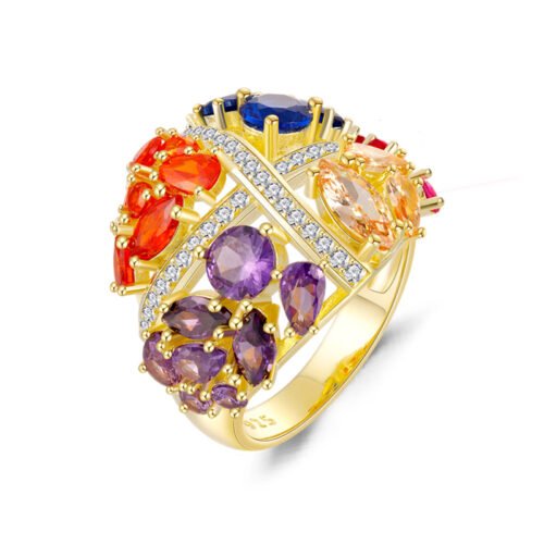 Flower Cluster Rainbow Cubic Zirconia Band