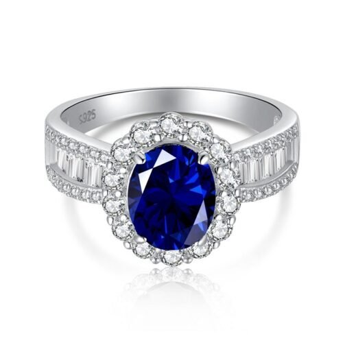 Flower Halo Oval Blue Cubic Zirconia S925 Pave Ring